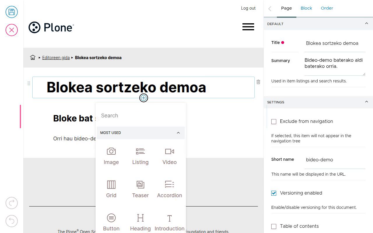 Blokea gehitzeko bideoaren aurrebista