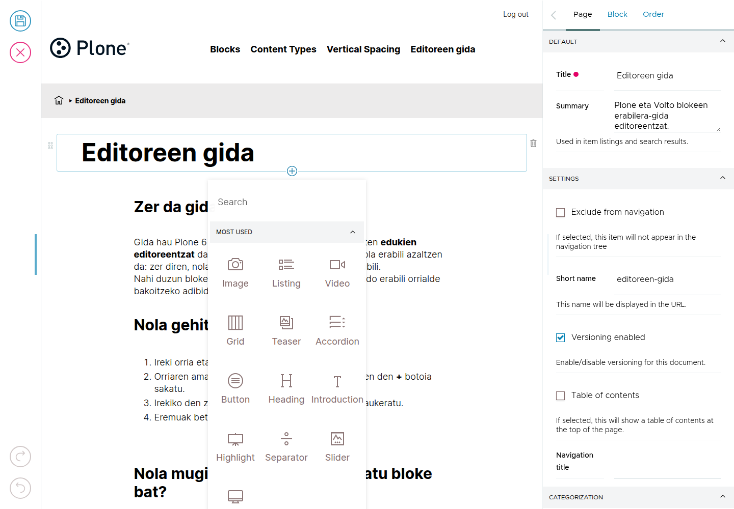 Blokea nola gehitu